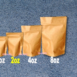 100 - 2 oz. Kraft Stand Up Pouch Bags, Food Safe Resealable Bags, Food Packaging, Tea Paper Bags, Coffee Favor Bags, Foil Product Packaging