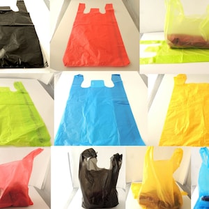 100 11 x 21 inch Colored Plastic Merchandise Bags, T-Shirt Bags, Craft show Bags, Clothing Plastic Party Favor Bags, Blue, Red, Lime, Black