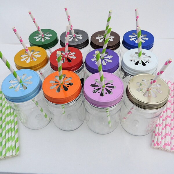 10 Clear 17oz Plastic Mason drinking Jars w/ 10 Daisy Jar Lids , Party Pack Food Safe Wedding party Favors, Birthday Fun