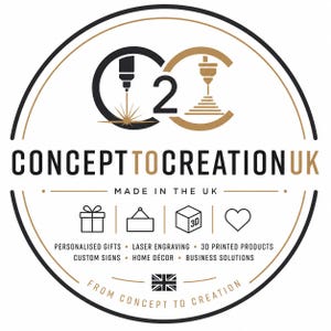 May include: A circular logo featuring the text CONCEPT TO CREATION UK in black and gold. The design includes icons of a gift box, a sign, a 3D cube, and a heart, with the text MADE IN THE UK and FROM CONCEPT TO CREATION, plus a small Union Jack.