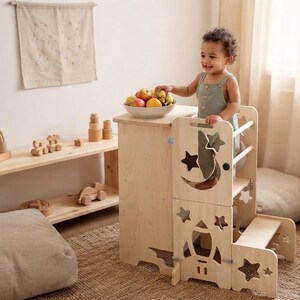 Toddler Standing Tower | 4-in-1 Kitchen Stool for kid's | Foldable Wooden Learning Tower for Kitchen Counter & Bathroom Sink | Gift for kids