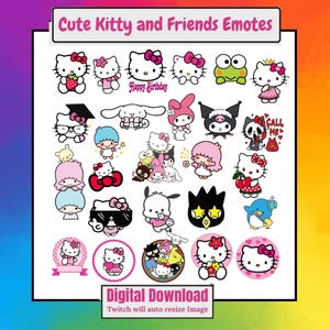 Könnte beinhalten: Eine Sammlung digitaler Emotes mit verschiedenen Zeichentrickfiguren, darunter weiße Katzen mit Schleifen, ein grüner Frosch, ein schwarzer Hase und andere bunte Figuren. Der Text lautet Cute Kitty and Friends Emotes und Digital Download.