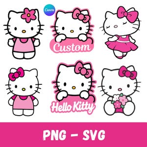 May include: A collection of six white cat illustrations with pink accents, bows, and flowers. Two designs feature the text Custom and Hello Kitty. The characters have black outlines, yellow noses, and pink clothing. The bottom text reads PNG - SVG.