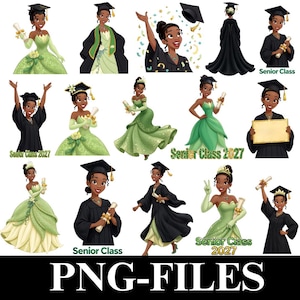 May include: A collection of digital illustrations featuring a character with dark skin and dark hair in various graduation poses. The character wears either a green ball gown or a black graduation gown and cap, often holding a diploma or a blank sign.