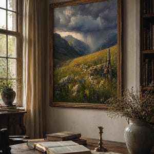 Peut inclure: Une peinture de paysage encadrée représentant une vallée de montagne sous un ciel sombre et orageux avec de la pluie tombant au loin. Le premier plan présente une prairie herbeuse avec des fleurs sauvages, un terrain rocheux et un poteau en bois.