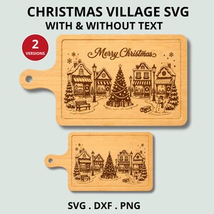 May include: Two rectangular wooden cutting boards with handles, each featuring a laser-engraved Christmas village scene with houses, a central tree, a snowman, and street lamps. The larger board includes the text Merry Christmas at the top.