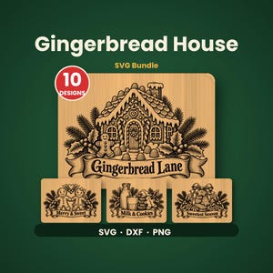 Pode incluir: Um pacote digital SVG com 10 designs de casas de gengibre em um fundo com textura de madeira. O gráfico principal mostra uma casa com o texto Gingerbread Lane, enquanto painéis menores exibem Merry & Sweet, Milk & Cookies e Sweetest Season.