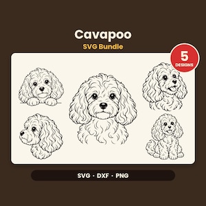 Puede incluir: Un conjunto gráfico digital titulado Cavapoo SVG Bundle que presenta cinco ilustraciones de arte lineal en blanco y negro de perros Cavapoo en varias poses. El texto incluye Cavapoo, SVG Bundle, 5 DESIGNS y SVG, DXF, PNG sobre fondo crema.