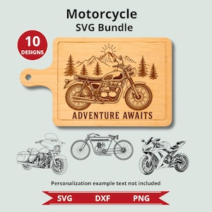May include: A digital graphic set titled Motorcycle SVG Bundle featuring 10 designs. The main image shows a wooden cutting board engraved with a motorcycle, mountains, pine trees, and the text ADVENTURE AWAITS. Three additional motorcycle illustrations are shown below.