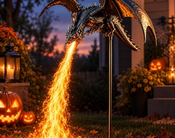 Solar Dragon Garden Stake, Fire Breathing Dragon Yard Light, Gothic Outdoor Decor