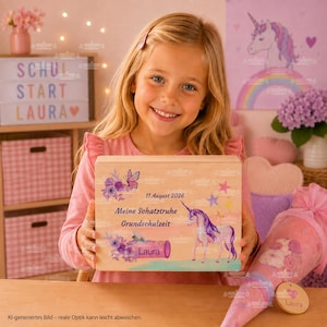 Könnte beinhalten: Eine rechteckige Holzbox mit einem Aufdruck, der ein violettes Einhorn, einen Schmetterling und florale Akzente zeigt. Der Text lautet "11 August 2026", "Meine Schatztruhe", "Grundschulzeit" und "Laura" auf einer hellen Holzoberfläche.