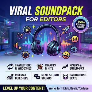 Puede incluir: Un gráfico digital para un Viral Soundpack for Editors con auriculares negros sobre una onda sonora colorida. Los iconos incluyen un cohete, notas musicales y emojis. El texto incluye 150+ Premium Sounds, Transitions, Impacts y más.
