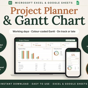Gantt Chart Spreadsheet | Project Planner and Project Tracker, Project Timeline, Milestones | Google Sheets & Excel | Dark Mode