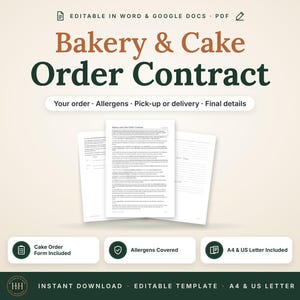 Sjabloon voor een contract voor een bakkerij | Taartbestelcontract met gepersonaliseerd bestelformulier | Bewerkbaar in Word, Google Docs en PDF | A4-formaat en US Letter-formaat