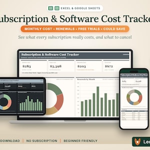 Pode incluir: Um rastreador digital de custos de assinatura e software para Excel e Google Sheets exibido em um laptop e smartphone. A interface apresenta painéis de dados, gráficos de pizza, gráficos de barras e resumos financeiros.