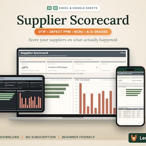 Op de afbeelding: Een digitaal leveranciersscorekaart-sjabloon voor Excel en Google Sheets, weergegeven op een laptop, tablet en smartphone. De interface bevat datavisualisaties, staafdiagrammen en prestatiegegevens zoals OTIF, Defect PPM en A-D-cijfers.