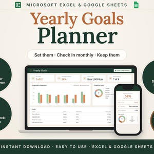 Planificador de objetivos 2027 / Seguimiento anual de objetivos con revisiones mensuales y seguimiento de propósitos de Año Nuevo / Excel y Google Sheets