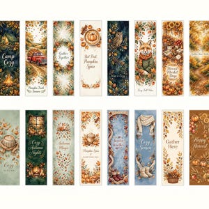 May include: A collection of twenty vertical rectangular bookmarks featuring autumn-themed illustrations including pumpkins, foxes, owls, cozy sweaters, hot beverages, and fall foliage. Each bookmark displays unique seasonal imagery and decorative text.