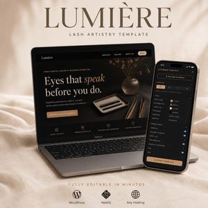 Puede incluir: Un portátil y un smartphone con la plantilla Lumière Lash Artistry. La pantalla muestra un sitio web con el texto Eyes that speak before you do, una bandeja de pestañas y un botón de reserva. El teléfono muestra un menú de edición.