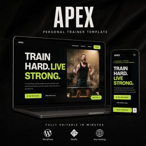 Può includere: Un modello digitale per un sito web di personal trainer intitolato APEX, visualizzato su uno schermo di laptop e smartphone. Il design presenta uno sfondo nero con testo verde lime, inclusa la frase TRAIN HARD. LIVE STRONG. e pulsanti.