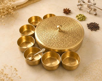 Hand Engraved Brass Masala Box: Seven Compartment Spice Organizer