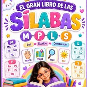 Può includere: Un libro educativo colorato intitolato EL GRAN LIBRO DE LAS SÍLABAS che mostra un bambino che legge un libro viola con il testo Aprender es divertido. La copertina include illustrazioni di una mano, una mappa, una lente d'ingrandimento, un sole e un arcobaleno.