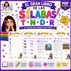 May include: A digital educational workbook titled EL GRAN LIBRO DE LAS SÍLABAS T N D R featuring colorful graphics, cartoon characters, and interactive Spanish language learning activities for children, presented as a printable PDF document.