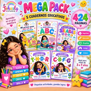 Pode incluir: Um Mega Pack de cinco cadernos educativos com capas coloridas apresentando ilustrações de crianças, arco-íris e letras. O conjunto inclui títulos como Mi primer paso para ser un gran lector, El gran libro del ABC e El gran libro de las sílabas.