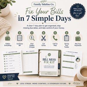 Puede incluir: Un kit de organización financiera titulado The Bill Mess Fix Kit, que incluye un plan de reinicio de 7 días, un rastreador de facturas y un planificador de nómina. El documento presenta siete pasos numerados con iconos para recopilar facturas, listar gastos, encontrar cargos, recortar extras, pedir ayuda, configurar rastreadores y planificar salarios.