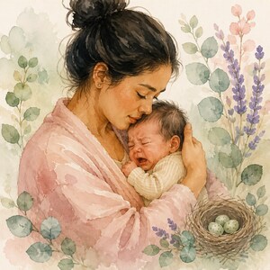 Può includere: Un'illustrazione ad acquerello di una persona con capelli scuri raccolti in uno chignon e una vestaglia rosa, che tiene in braccio un neonato che piange con una maglietta a coste color crema. La scena è circondata da eucalipto, lavanda e un nido.