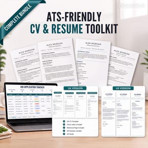 Op de afbeelding: Een digitale ATS-vriendelijke CV- en resume-toolkit met meerdere documentsjablonen, een sollicitatietracker op een laptopscherm en aparte UK- en US-versies met tekstkoppen zoals Complete Bundle en de naam Alex Morgan.
