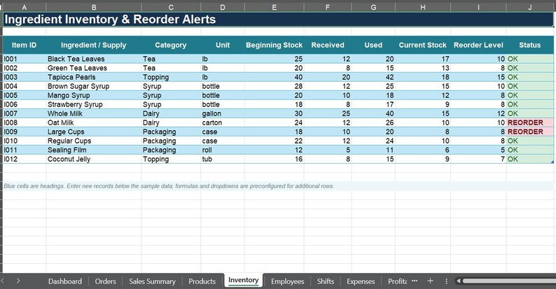 Bubble Tea Business Excel Dashboard | Advanced Boba Tea Shop Management ...