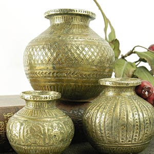 Vintage Brass Lota Pot Set, Hand Stamped Indian Vessels