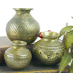 Vintage Brass Lota Pots (Set of 3), Hand Stamped Indian Vessels