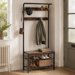 May include: A tall hall tree featuring a black metal frame with a dark wood-grain finish bench and two upper shelves. It includes multiple black hooks for hanging items, a top rod for hangers, and two lower wire mesh shelves for shoe storage.