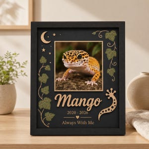 Può includere: Una cornice commemorativa rettangolare nera con una fotografia centrale di un geco leopardo giallo e marrone. La cornice include ritagli in legno di edera, una mezzaluna, stelle e una coda di geco. Il testo recita: Mango, 2020-2026, Always With Me.