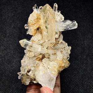 May include: A cluster of clear and translucent quartz crystals featuring a prominent central point with a subtle green inclusion. The mineral formation displays jagged, multi-directional points with golden-brown earthy deposits nestled between the crystalline structures.