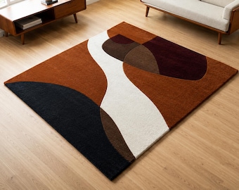 Alfombra abstracta moderna / Alfombra geométrica contemporánea hecha a mano / Alfombra para sala de estar en tonos marrón, marfil y carbón / TheRugRoot