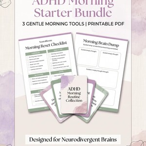 Peut inclure: Ensemble de démarrage ADHD Morning Starter Bundle en PDF imprimable comprenant une liste de contrôle Morning Reset Checklist et une feuille Morning Brain Dump. Cartes ADHD Morning Routine Collection avec des touches aquarelle violettes et vertes.