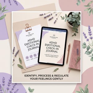 Peut inclure: Un kit ADHD Emotional Check-In Journal comprenant une page imprimée avec un clip en cuivre et une tablette affichant le titre et le sous-titre, A Gentle 5-Step Toolkit for Neurodivergent Minds, avec un stylo et un carnet rose.