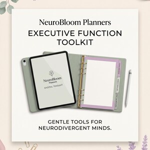 Peut inclure: Un kit de planification numérique vert sauge comprenant une tablette affichant le logo NeuroBloom Planners Digital Toolkit, un agenda à anneaux assorti avec des onglets violets et un stylet. Le texte indique NeuroBloom Planners EXECUTIVE FUNCTION TOOLKIT et GENTLE TOOLS FOR NEURODIVERGENT MINDS.