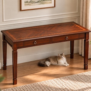 46” Solid Wood Writing Desk, French Provincial Table, Dark Cherry Finish, 2 Drawers