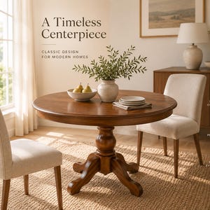 May include: A round, brown wooden dining table with a central pedestal base, accompanied by two beige upholstered chairs. The table features a smooth surface, a bowl of pears, a vase with greenery, and a stack of plates. Text reads A Timeless Centerpiece.