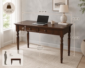 Solid Walnut Writing Desk, French Country Office Table, 47 Inch Study Furniture