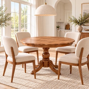 May include: A round wooden dining table with a central pedestal base and four chairs featuring light beige upholstered seats and backrests with wooden frames, arranged on a textured area rug in a bright, naturally lit dining room space.