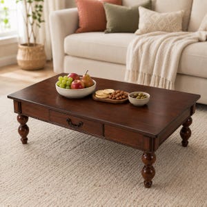 47-Inch Walnut Coffee Table with Drawer, Traditional Farmhouse Storage Table