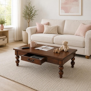 47-Inch Walnut Coffee Table with Drawer, Traditional Farmhouse Storage Table