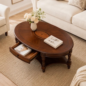 May include: An oval wooden coffee table with a dark brown finish, featuring a central inlaid oval design, a lower shelf, and a single pull-out drawer containing a book. A white vase with white flowers and a closed book sit on the tabletop surface.