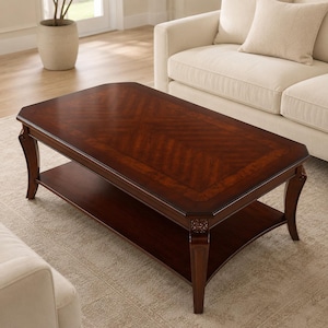 May include: A rectangular wooden coffee table with a dark cherry finish, featuring a chevron-patterned tabletop inlay, a lower storage shelf, and four curved legs with carved floral details at the top of each leg post.