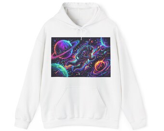 Cyberpunk Astronaut Hoodie - Neon Planets & Glitch Stars Space Streetwear Graphic Pullover